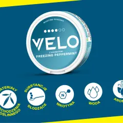 Pudełko Velo z aromatem Freezing Peppermint. Co to znaczy Velo? To nowoczesne woreczki nikotynowe z roślinnych materiałów, słodzące, z nikotyną i wodą.
