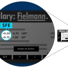 Okulary Fielmann. Recepta na okulary: SFE, D +0.50 -0.75 140°, D +0.75 -1.00 45°. BD co to znaczy?