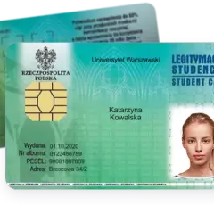Legitymacja studencka Uniwersytetu Warszawskiego z danymi Katarzyny Kowalskiej. Dowiedz się, ile trwa wyrobienie legitymacji szkolnej.
