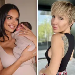 Uśmiechnięta kobieta trzyma noworodka, a obok niej stoi kobieta z krótkimi blond włosami i tatuażem. To piękna córka po francusku.