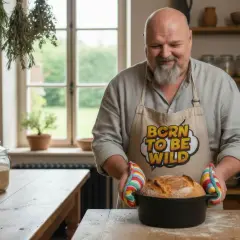 Szef kuchni z fartuchem "Born to be wild" wyjmuje świeży chleb z garnka. To kwintesencja dobrej cuisine!