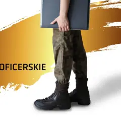 Osoba w mundurze wojskowym z teczką, tekst "Studium Oficerskie". Dowiedz się, jak zostać oficerem wojska po studiach cywilnych.