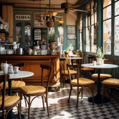 Przytulne bistro z drewnianymi meblami i żółtymi siedzeniami. Stoliki z kawą i roślinami tworzą atmosferę relaksu.