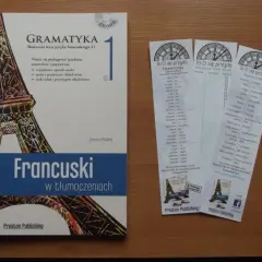 Książka "Francuski w tłumaczeniach. Gramatyka" i zakładki z francuskimi zwrotami. Idealne do nauki języka, gdy luty po francusku brzmi jak "février".