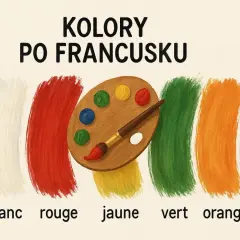Kolory po francusku: Wieża Eiffla i paleta artysty z pędzlem, prezentujące barwy: bleu, blanc, rouge, jaune, vert, orange, violet.
