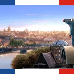 Szczur Remy z filmu "Ratatuj" podziwia panoramę Paryża, gdzie "voilà" po francusku oznacza "oto".