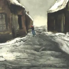 Zimowa uliczka, gdzie śnieg po francusku, czyli "neige", pokrywa wszystko. Samotna postać w niebieskiej sukience i czerwonej kurtce idzie przez zaspy.