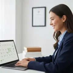 Uśmiechnięta kobieta planuje na laptopie ile dni urlopu po studiach, zaznaczając daty w kalendarzu.