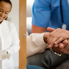 Uśmiechnięta pielęgniarka z noworodkiem i czuły gest dłoni. Pielęgniarka może podać pielęgniarka bez zlecenia lekarza wsparcie i troskę.