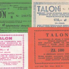 Trzy różne talony upoważniające do zakupu surowców wtórnych lub towarów przemysłowych o wartości 50, 100 i 500 zł.