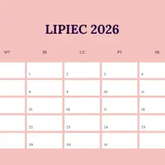 Kalendarz na **lipiec** 2026. Planuj wakacje i letnie przygody!