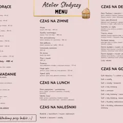 Menu kawiarni "Atelier Słodyczy" z napojami, deserami, śniadaniami i naleśnikami.
