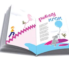 Otwarta książka z ilustracją dziewczynki wchodzącej po schodach i słonika z balonikiem. Wiersz "Pierwszy krok" wprowadza w świat dziecięcej wyobraźni.