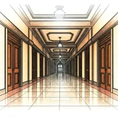Długi, elegancki **corridor po polsku** z rzędem drzwi po obu stronach i błyszczącą podłogą.