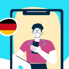 Chłopak z Niemiec ogląda Paryż na telefonie. Flaga Niemiec obok.