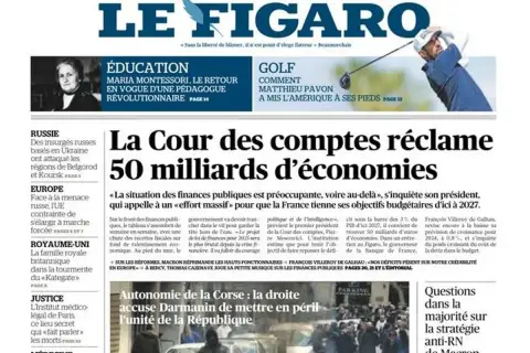 Le Figaro po polsku: nagłówek o finansach publicznych, zdjęcie golfisty i artykuły o Rosji, Europie i edukacji.