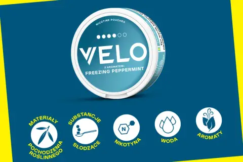 Pudełko Velo z aromatem Freezing Peppermint. Co to znaczy Velo? To nowoczesne woreczki nikotynowe z roślinnych materiałów, słodzące, z nikotyną i wodą.