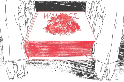Ludzie niosą wielką, czerwoną księgę z napisem "WALLACE" i bukietem róż. Co to znaczy?