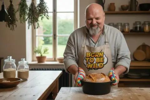 Szef kuchni z fartuchem "Born to be wild" wyjmuje świeży chleb z garnka. To kwintesencja dobrej cuisine!