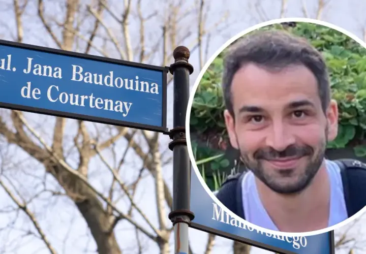 Ulica Jana Baudouina de Courtenay. Mój siostrzeniec po francusku, czyli neveu, uśmiecha się na tle tej ulicy.