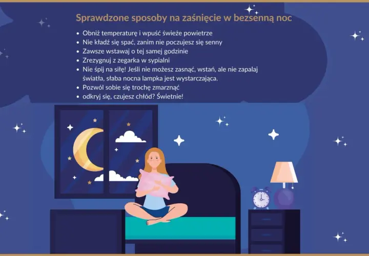 Dziewczyna nie może zasnąć. Ilustracja podpowiada, jak zapewnić sobie spokojną noc po francusku, z księżycem i gwiazdami za oknem.