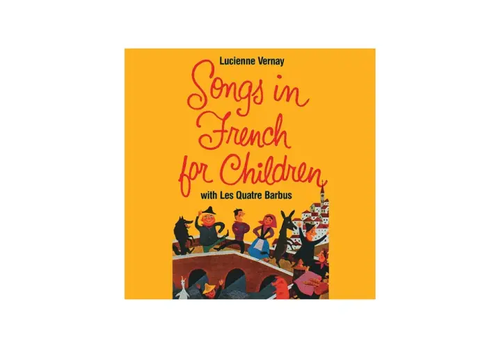 Ilustracja z okładki płyty "Songs in French for Children" z tańczącymi postaciami i miasteczkiem.