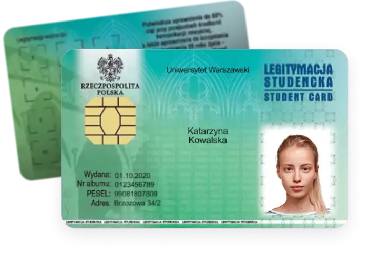 Legitymacja studencka Uniwersytetu Warszawskiego z danymi Katarzyny Kowalskiej. Dowiedz się, ile trwa wyrobienie legitymacji szkolnej.