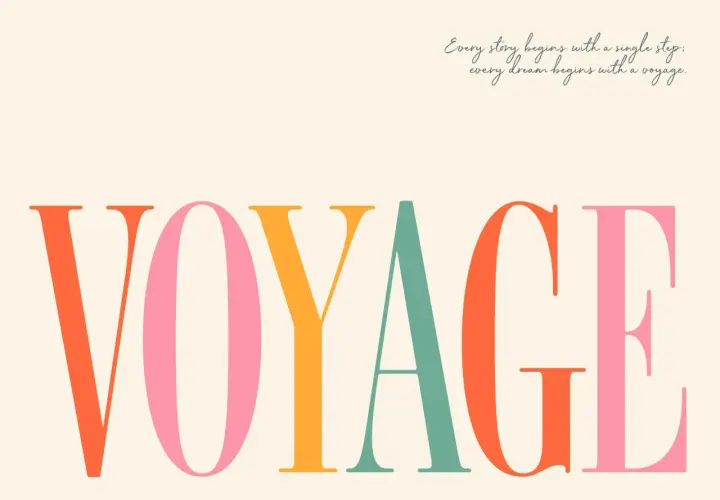 Kolorowe litery tworzą napis "VOYAGE". Nad nim napis: "Każde marzenie zaczyna się od podróży (voyage)".