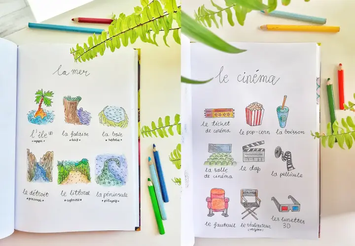 Ilustracje do nauki francuskiego: "la mer" i "le cinéma". Kolorowe rysunki z podpisami, idealne do nauki słówek.