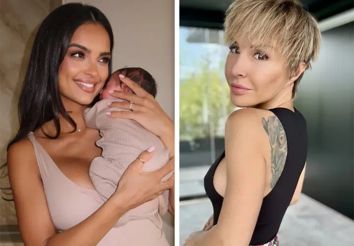 Uśmiechnięta kobieta trzyma noworodka, a obok niej stoi kobieta z krótkimi blond włosami i tatuażem. To piękna córka po francusku.