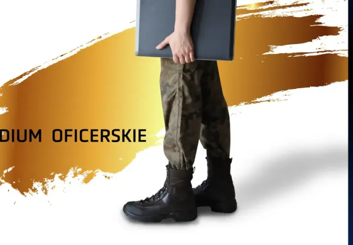 Osoba w mundurze wojskowym z teczką, tekst "Studium Oficerskie". Dowiedz się, jak zostać oficerem wojska po studiach cywilnych.