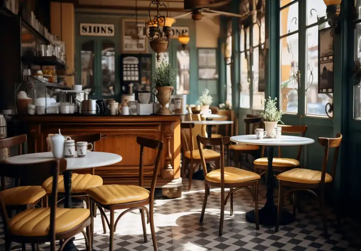 Przytulne bistro z drewnianymi meblami i żółtymi siedzeniami. Stoliki z kawą i roślinami tworzą atmosferę relaksu.