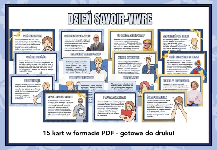 Zasady savoir vivre jak czytać. Grafika przedstawia 15 kart z poradami dotyczącymi dobrych manier, od zachowania przy stole po pisanie e-maili.