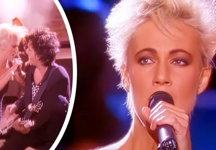 Marie Fredriksson z Roxette śpiewa "Alouette po polsku". W tle zespół, w tym Per Gessle.