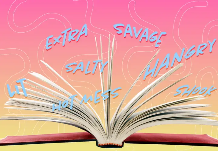 Otwarta książka z wypisanymi na stronach słowami: "Lit", "Salty", "Hot Mess", "Extra", "Savage", "Hangry", "Shook".