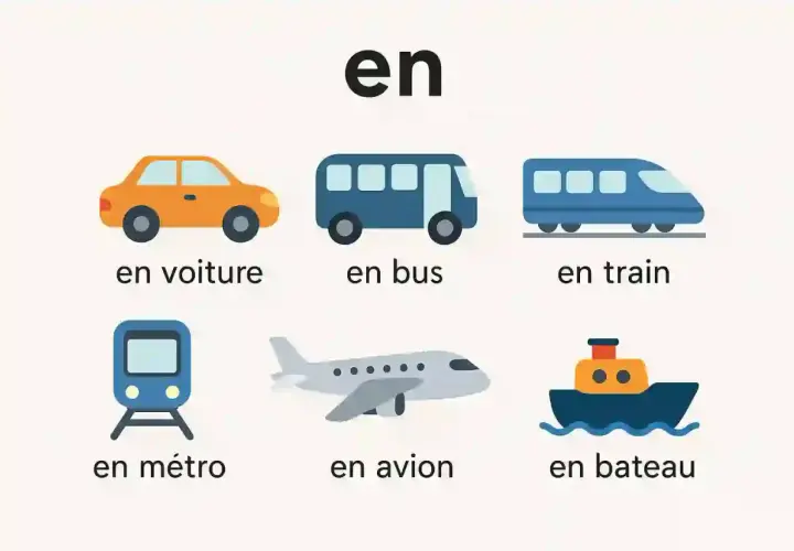 Ilustracja pokazuje różne środki transportu: **samochód po francusku** (en voiture), autobus, pociąg, metro, samolot i łódź.