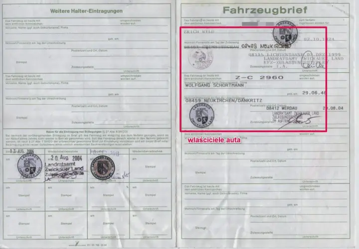 Niemiecki numer VIN na dokumencie Fahrzeugbrief. Widoczne wpisy dotyczące właścicieli i daty.
