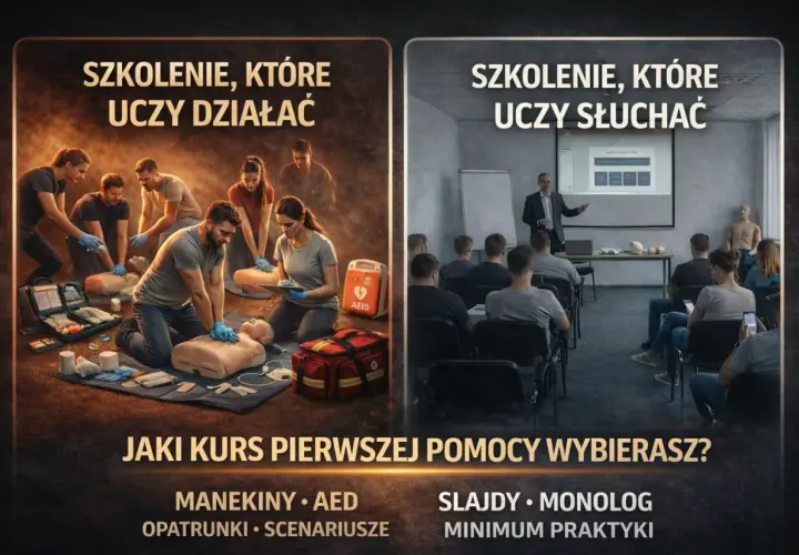 Dwie wizje kursu pierwszej pomocy: praktyczne ćwiczenia na fantomach i teoretyczny wykład. Który wybierasz?