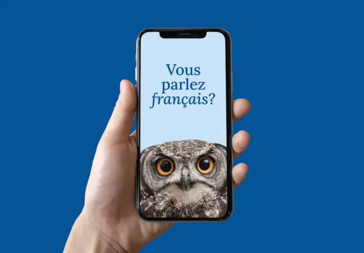 Darmowe aplikacje do nauki francuskiego? Sowa na ekranie telefonu pyta "Vous parlez français?".