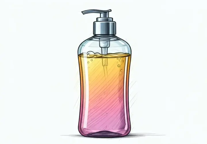 Kolorowy żel pod prysznic w butelce z pompką. Co to znaczy "gel douche"? To francuskie określenie na płyn do kąpieli.
