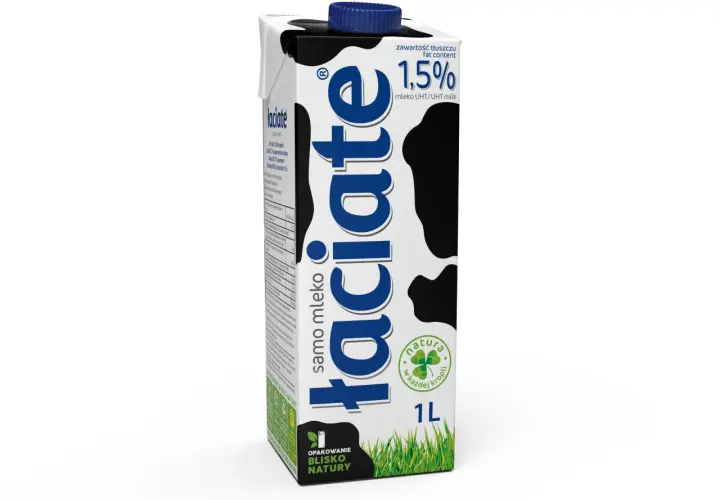 Karton mleka 1,5% tłuszczu, z napisem "laciate" i wzorem w krowie łaty. Idealne mleko po francusku na śniadanie.