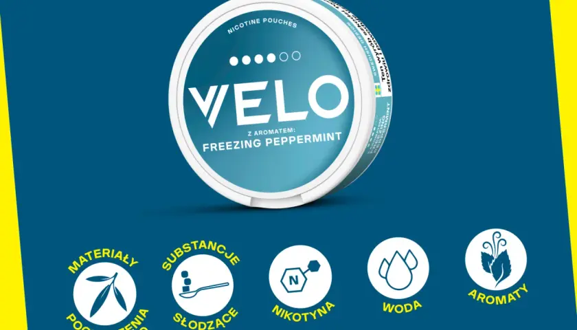 Pudełko Velo z aromatem Freezing Peppermint. Co to znaczy Velo? To nowoczesne woreczki nikotynowe z roślinnych materiałów, słodzące, z nikotyną i wodą.