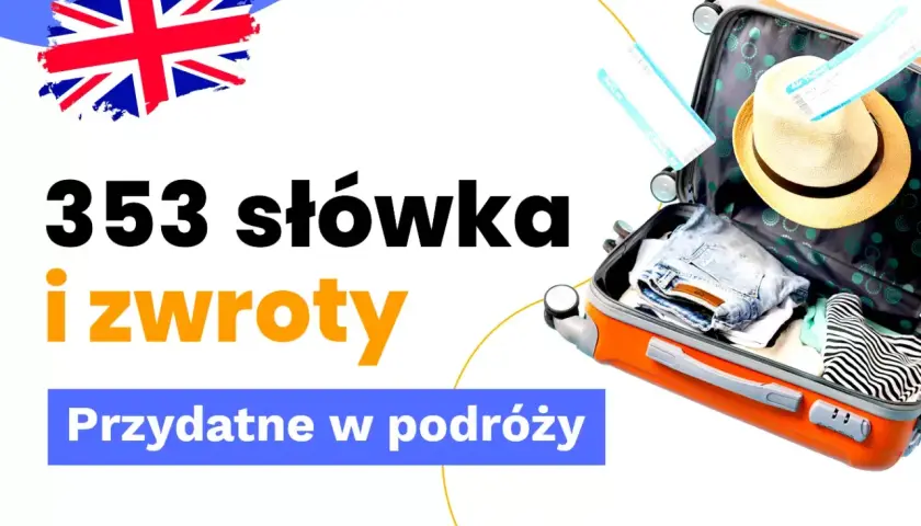 353 słówka i zwroty przydatne w podróży. Otwarta walizka z ubraniami, kapeluszem i biletami lotniczymi. Brytyjska flaga.