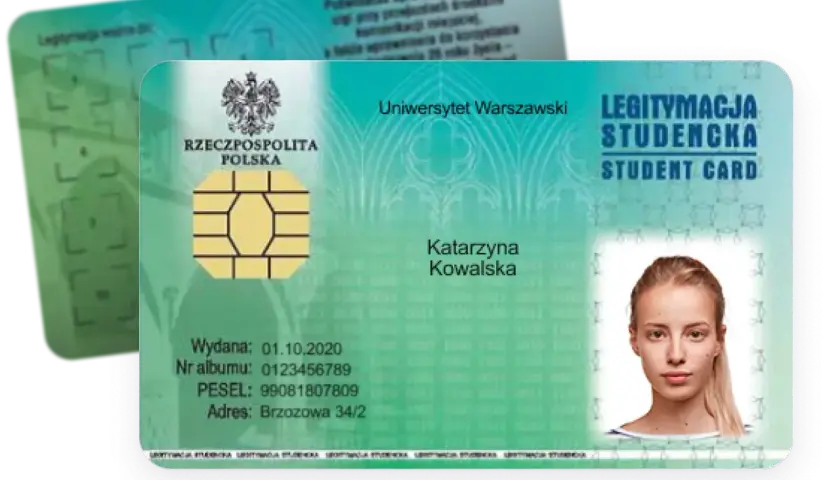 Legitymacja studencka Uniwersytetu Warszawskiego z danymi Katarzyny Kowalskiej. Dowiedz się, ile trwa wyrobienie legitymacji szkolnej.