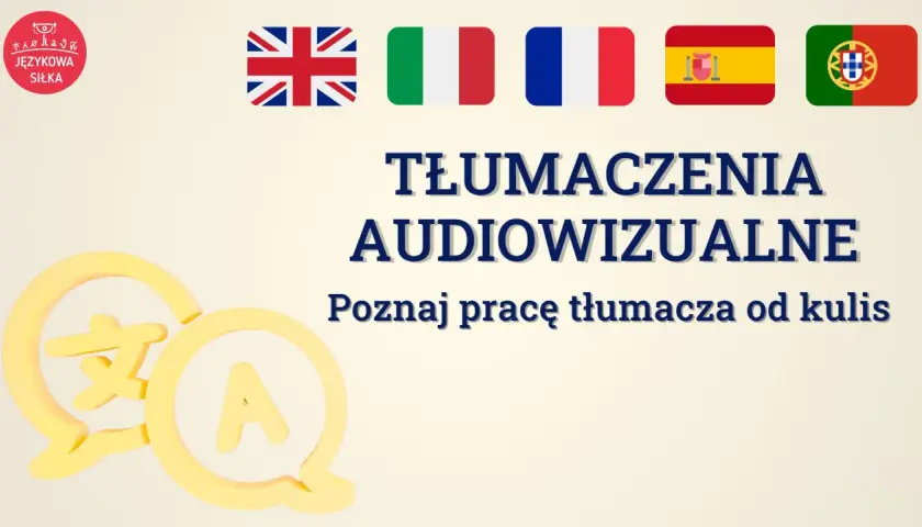 Tłumaczenia audiowizualne. Poznaj pracę tłumacza od kulis. Flagi UK, Włoch, Francji, Hiszpanii, Portugalii. Ikony tłumaczenia.