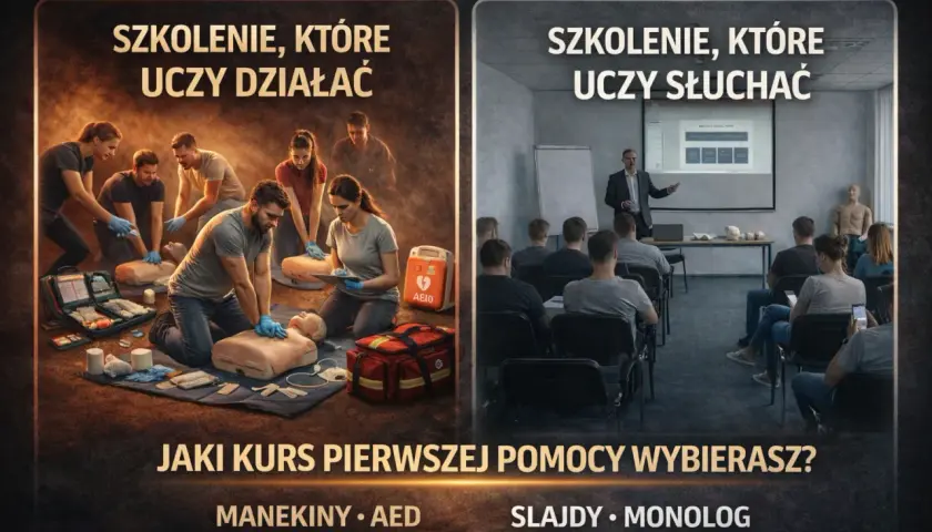 Dwie wizje kursu pierwszej pomocy: praktyczne ćwiczenia na fantomach i teoretyczny wykład. Który wybierasz?