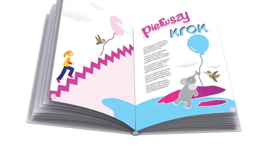 Otwarta książka z ilustracją dziewczynki wchodzącej po schodach i słonika z balonikiem. Wiersz "Pierwszy krok" wprowadza w świat dziecięcej wyobraźni.