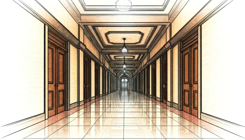 Długi, elegancki **corridor po polsku** z rzędem drzwi po obu stronach i błyszczącą podłogą.