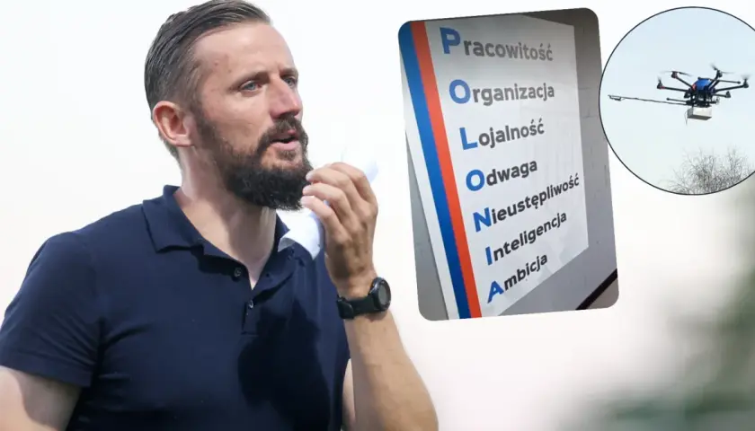 Mężczyzna z zarostem, trzymający białą chusteczkę, obok tablicy z hasłami "POLONIA" i latający dron. Trzeba być odważnym po polsku!