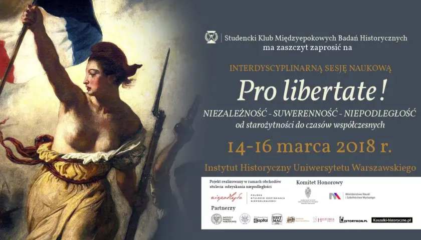 Kobieta z flagą, symbol wolności, na plakacie sesji naukowej "Pro libertate! Wolność to znaczy niepodległość".